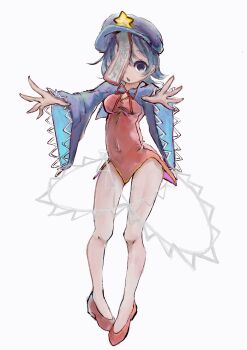 Rule 34 | 1girl, absurdres, adapted costume, black eyes, black hair, commentary, full body, hat, hat ornament, highres, jiangshi, legs, leotard, long sleeves, looking at viewer, miyako yoshika, newsboy cap, omaega chan, open mouth, outstretched arms, purple hat, red leotard, red shoes, shoes, short hair, simple background, solo, star (symbol), star hat ornament, touhou, white background, wide sleeves