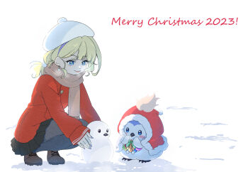 1girl 1other 2023 beret bird black_pantyhose black_skirt blonde_hair blue_eyes brown_scarf brown_shoes closed_mouth coat earrings full_body hat highres jewelry merry_christmas multicolored_hair nail_polish outdoors pantyhose penguin pleated_skirt purple_hair purple_nails red_coat santa_costume scarf shadowverse shadowverse_(animated_series) shadowverse_flame shinada_yukari shoes skirt smile snow snowman squatting takanashi_tsubasa_(shadowverse_flame) white_hat wingy_(shadowverse_flame)