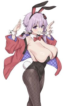 1girl absurdres animal_ears bare_shoulders black_leotard blush breasts brown_pantyhose cleavage commentary_request fake_animal_ears fishnet_pantyhose fishnets grin highleg highleg_leotard highres large_breasts leotard long_hair long_sleeves looking_at_viewer nakagasukima off_shoulder pantyhose playboy_bunny purple_eyes purple_hair rabbit_ears sidelocks smile solo voiceroid yuzuki_yukari