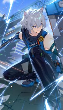 1boy absurdres animal_ears black_pants blue_jacket blue_sky blurry blurry_background cat_boy cat_ears commentary_request crossed_bangs electricity grey_hair hair_between_eyes highres holding holding_baton holding_shield jacket looking_ahead male_focus nefula14 outdoors pants parted_lips police police_badge police_uniform policeman purple_eyes scar scar_on_shoulder seth_lowell shield short_hair sky smile solo squatting v-shaped_eyebrows zenless_zone_zero zipper zipper_pull_tab