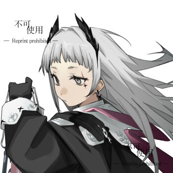 Rule 34 | 1girl, arknights, black gloves, capelet, commentary request, cross scar, earrings, gloves, grey eyes, grey hair, head wings, highres, holding, holding lantern, irene (arknights), jewelry, lantern, long hair, long sleeves, longshengyan, scar, scar across eye, scar on face, simple background, solo, white background, white capelet, wings