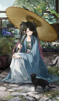 1girl ^_^ absurdres asymmetrical_bangs black_cat black_hair cat chinese_clothes closed_eyes commentary earrings english_commentary flower glasses gradient_hair hanfu highres holding holding_umbrella jewelry long_hair lotus_leaf lotus_print multicolored_hair musaceae official_alternate_costume oil-paper_umbrella outdoors parted_bangs pink_hair plant potted_plant purple_flower round_eyewear secretfj520 solo tree twintails umbrella very_long_hair white_flower wide_sleeves wuthering_waves zhezhi_(wuthering_waves)