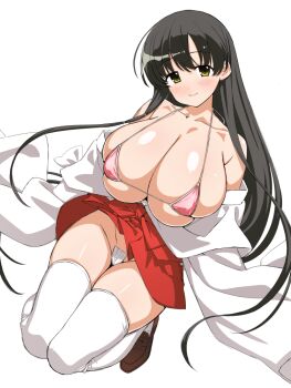 1girl bare_shoulders bikini black_hair blush breasts cleavage collarbone huge_breasts iwato_kasumi japanese_clothes kimono loliconder long_hair long_sleeves looking_at_viewer maebari micro_bikini miniskirt off_shoulder pink_bikini red_skirt saki_(manga) skindentation skirt smile solo swimsuit thighhighs thighs white_kimono white_thighhighs wide_sleeves yellow_eyes