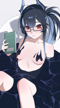 1girl absurdres bahamut_(nikke) bathing bathtub black_hair black_liquid blush book breasts closed_mouth collarbone commentary_request convenient_censoring glasses goddess_of_victory:_nikke grey_hair hair_between_eyes hair_intakes highres holding holding_book horns long_hair looking_at_viewer medium_breasts mole mole_under_mouth multicolored_hair nude partially_submerged ponytail red_eyes semi-rimless_eyewear shadow sidelocks sitting solo two-tone_hair under-rim_eyewear upside-down_book yu3n