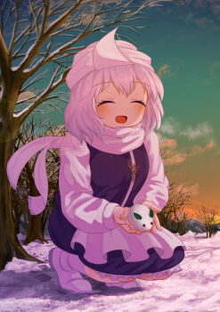 1girl absurdres apron bare_tree blush breath closed_eyes cloud commentary ekaapetto english_commentary facing_viewer grey_hair hat highres lapel_pin letty_whiterock long_sleeves making-of_available mixed-language_commentary open_mouth outdoors paid_reward_available purple_skirt purple_vest scarf skirt smile snow snow_rabbit solo touhou tree vest waist_apron white_apron white_hat white_scarf winter