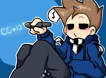 Rule 34 | 1boy, adapted costume, animification, artist name, black pants, blue background, blue hoodie, brown hair, ccai25, checkered neckerchief, checkered shoes, drawstring, eddsworld, holding, holding stylus, hollow eyes, hood, hood down, hoodie, light blush, long sleeves, male focus, musical note, neckerchief, o3o, outline, pants, reclining, short hair, simple background, solo, spiked hair, spoken musical note, stylus, thick lineart, tom (eddsworld), white outline, writing