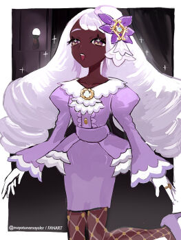 1girl ascot dark-skinned_female dark_skin dress fascinator fishnet_pantyhose fishnets frilled_ascot frills gloves gold_ring hair_ornament highres jacinthe_(pokemon) juliet_sleeves long_hair long_sleeves looking_at_viewer low_drills mayotsunamayo mega_stone nintendo open_mouth pantyhose pokemon pokemon_legends:_z-a puffy_sleeves purple_dress purple_eyes purple_hair smile solo sparkle teeth upper_teeth_only very_dark_skin white_gloves