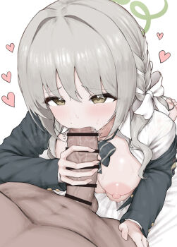 1boy 1girl bar_censor barefoot bed_sheet black_bow black_bowtie blazer blue_archive blush bow bowtie braid breasts breasts_out breath censored choppy_bangs clothed_female_nude_male collared_shirt commentary diagonal-striped_bow erection fellatio from_above furrowed_brow green_halo grey_hair hair_between_eyes hair_bow hair_over_shoulder halo hand_on_another&#039;s_leg hazel_eyes heart heart_in_eye hetero highres jacket kneeling large_breasts large_penis long_hair miyo_(blue_archive) navel nude on_bed open_clothes open_jacket open_shirt oral penis penis_grab pov pov_crotch precum rainbow_goreinu shiny_skin shirt sidelocks standing striped_bow sweat symbol_in_eye testicles twitching_penis white_background white_bow white_shirt