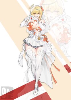1girl absurdres blonde_hair bride commentary dress elbow_gloves fenny_golden floral_print flower flower_on_head gloves heart heart_hands highres pencil9 snowbreak:_containment_zone solo wedding_dress