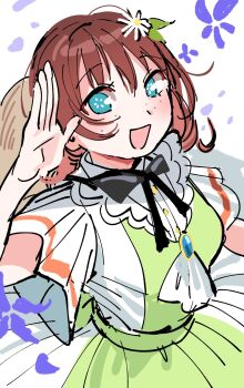 1girl 4ding :d black_ribbon blue_eyes breasts brown_hair cowboy_shot dress emma_verde flower freckles green_dress hair_flower hair_ornament highres la_bella_patria_(love_live!) looking_at_viewer love_live! love_live!_nijigasaki_high_school_idol_club medium_breasts neck_ribbon open_mouth ribbon short_sleeves smile solo white_flower