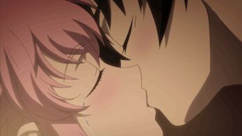1boy 1girl amano_yukiteru animated animated_gif anime_screenshot bed bed_sheet black_hair blush breasts closed_eyes crying gasai_yuno holding_hands imminent_penetration implied_penetration implied_sex kiss long_hair mirai_nikki moaning nipples nude open_mouth pink_hair pov short_hair