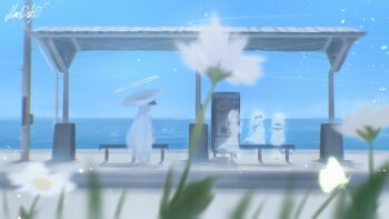 4girls absurdres blue_archive blue_sky colored_skin commentary_request ein_(blue_archive) flower full_body halo highres large_hat long_hair malkuth_(blue_archive) mnx2ek0 multiple_girls ocean ohr_(blue_archive) signature sitting sky sof_(blue_archive) train_station triplets vending_machine white_flower white_hair white_skin yellow_halo