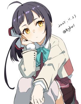 1girl absurdres ahoge bigkwl black_hair blush bow bowtie brown_skirt closed_mouth collared_shirt commentary dated dated_commentary feet_out_of_frame frilled_skirt frills fujinami_(kancolle) green_bow green_bowtie hair_ribbon head_rest highres jacket kantai_collection long_hair long_sleeves one-hour_drawing_challenge pleated_skirt ribbon shirt simple_background sitting skirt solo thighhighs twitter_username white_background white_jacket white_ribbon white_shirt white_thighhighs yellow_eyes