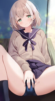 1girl black_one-piece_swimsuit black_sailor_collar black_skirt black_socks blush brown_cardigan brown_hair cardigan closed_mouth commentary_request covering_crotch covering_privates green_eyes hair_between_eyes highres komone_ushio long_sleeves looking_at_viewer medium_hair one-piece_swimsuit original pleated_skirt sailor_collar school_uniform serafuku sidelocks sitting skirt socks solo spread_legs swimsuit swimsuit_under_clothes thighs