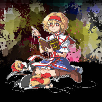 Rule 34 | 3girls, :|, abstract background, aksawshin, alice margatroid, black dress, black shirt, blonde hair, blue dress, book, boots, bow, broken string, brown boots, capelet, closed mouth, commentary, dress, frilled bracelet, frilled dress, frills, full body, grimoire of alice, hair bow, hairband, holding, holding book, kneeling, mary janes, multiple girls, pixel art, red bow, red eyes, red hairband, scythe, shanghai doll, shirt, shoes, short hair, short sleeves, touhou, untranslatable commentary, white capelet