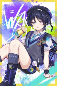 1boy alternate_costume aqua_necktie baby_bottle bag beret blunt_ends bottle collared_shirt cross-laced_footwear ebinu2215 emblem eyeliner eyeshadow fish genshin_impact graffiti grey_socks grey_vest hat heart highres knees makeup male_focus multicolored_vest necktie official_alternate_costume parted_bangs purple_eyes purple_hair purple_shoes red_eyeliner red_eyeshadow scaramouche_(genshin_impact) shirt shoes short_sleeves shoulder_bag socks solo thighs tongue tongue_out twitter_username vest vision_(genshin_impact) wanderer_(genshin_impact) wanderer_(mega_mgc_coffee)_(genshin_impact) white_shirt white_sleeves wrist_cuffs