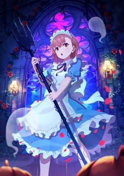 1girl absurdres alice_(alice_in_wonderland) alice_(alice_in_wonderland)_(cosplay) apron asymmetrical_bangs blue_dress brown_eyes brown_hair commentary cosplay dress falling_petals fork ghost giant_fork halloween highres holding holding_fork indoors maid_headdress misaka_mikoto neck_ribbon open_mouth pantyhose pension_z petals puffy_short_sleeves puffy_sleeves pumpkin ribbon short_hair short_sleeves solo stained_glass toaru_kagaku_no_railgun toaru_majutsu_no_index white_pantyhose