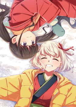 2girls absurdres black_hair blonde_hair closed_eyes closed_mouth commentary_request green_eyes hair_ribbon highres inoue_takina jacket japanese_clothes kimono long_hair lycoris_recoil lying mittens multiple_girls musihara nishikigi_chisato purple_eyes red_ribbon ribbon scarf short_hair smile snow twintails yuri