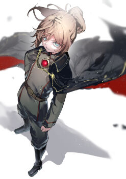 1girl belt black_cape black_shoes blonde_hair blue_eyes brown_belt cape highres jacket looking_at_viewer military military_jacket military_uniform neichiru no_headwear official_art ponytail red_cape shoes short_ponytail tanya_degurechaff teeth v-shaped_eyebrows youjo_senki