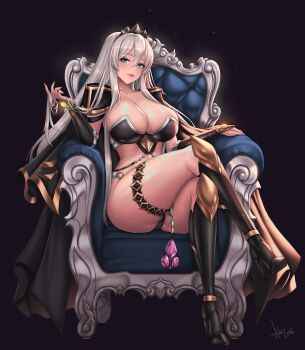 1girl armrest boots breasts capelet chair cleavage commission crossed_legs crown dungeon_and_fighter elbow_gloves gloves green_eyes high_heel_boots high_heels highres impossible_clothes jewelry knee_boots large_breasts long_hair looking_at_viewer mad_kimo panties panty_peek playing_with_own_hair seductive_smile shiny_skin shoulder_pads sitting smile solo thick_thighs thigh_strap thighs underwear white_hair