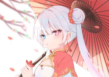 Rule 34 | 1girl, ahoge, blue eyes, capelet, china dress, chinese clothes, commentary, day, diamond-shaped pupils, diamond (shape), double bun, dress, earrings, english commentary, flower, hair bun, hair flower, hair intakes, hair ornament, hands up, heterochromia, highres, holding, holding umbrella, jewelry, long hair, looking ahead, oil-paper umbrella, original, outdoors, parted lips, portrait, red capelet, red eyes, red flower, red umbrella, rocksnotrock, solo, symbol-shaped pupils, tassel, tassel earrings, twintails, umbrella, white dress, white hair