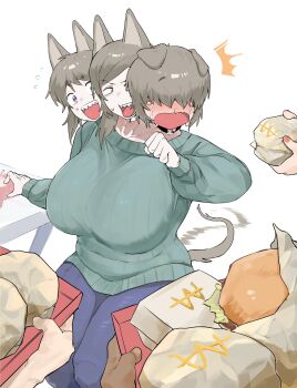 3girls blonde_hair breasts brown_hair burger cerberus collar crying dog_girl food hair_over_eyes highres large_breasts maikamiaka multiple_girls open_mouth original purple_eyes sharp_teeth snot_trail surprised sweater tail tail_wagging tears teeth white_background