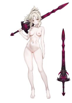 1girl absurdres alternate_eye_color alternate_hair_color alternate_skin_color bags_under_eyes barefoot blonde_hair braid breasts clarent_(fate) closed_mouth commission commissioner_upload completely_nude expressionless fate_(series) half_up_braid highres holding holding_sword holding_weapon looking_at_viewer medium_hair mordred_(fate) nabunabu nipples nude over_shoulder pale_skin ponytail pussy small_breasts solo standing stomach sword sword_over_shoulder thigh_gap thighs toned toned_female weapon weapon_over_shoulder white_background yellow_eyes