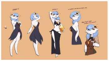 Rule 34 | 1girl, alternate color, apron, arm behind back, arm behind head, arm up, armpits, back, backless dress, backless outfit, ball, bare shoulders, barefoot, beachball, bikini, black bikini, black dress, black neckerchief, black sarong, blue hair, blueman282, border, breasts, brown apron, brown pants, brown shirt, buttons, character name, collarbone, collared shirt, color guide, colored skin, dress, english text, eyes visible through hair, female focus, flower, from behind, from side, front-tie bikini top, front-tie top, full body, gardevoir, gen 3 pokemon, hair between eyes, hair flower, hair ornament, halter dress, halterneck, hand on own chest, hand up, happy, hibiscus, holding, holding ball, holding pen, legs, legs together, looking afar, looking at viewer, looking back, looking to the side, luxury ball, medium breasts, medium hair, multiple views, name tag, navel, neckerchief, nintendo, no feet, notice lines, open mouth, orange background, orange eyes, orange flower, pants, pen, pocket, poke ball, pokemon, pokemon (creature), profile, sarong, shiny pokemon, shirt, short dress, simple background, sleeves rolled up, smile, sparkle, standing, stomach, swimsuit, unownglyphics, venus symbol, white border, white skin