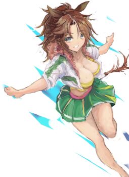 animal_ears belt blsuh breasts brown_hair cleavage commentary_request crop_top cropped_jacket fur-trimmed_jacket fur_trim green_skirt grin hair_between_eyes horse_ears horse_girl horse_tail jacket large_breasts long_hair long_sleeves looking_at_viewer mejiro_palmer_(line_breakthrough)_(umamusume) mejiro_palmer_(umamusume) midriff multicolored_hair parted_lips pink_belt ponytail shirt skirt smile streaked_hair tail umamusume white_hair white_jacket yanagi_wakana yellow_shirt