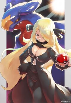 1girl black_coat black_eyes black_pants black_sclera blonde_hair breasts cleavage coat colored_sclera cowboy_shot cynthia_(pokemon) dragon garchomp gen_4_pokemon hair_over_one_eye holding holding_poke_ball large_breasts nintendo pants poke_ball poke_ball_(basic) pokemon pokemon_dppt smile solo_focus twitter_username yellow_eyes yotastar