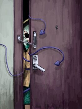 Rule 34 | 1girl, black eyes, black hat, collared shirt, doorway, empty eyes, floral print, frilled shirt collar, frills, from inside, green hair, green skirt, hat, heripantomorrow, komeiji koishi, looking at viewer, pov doorway, print skirt, rose print, shirt, skirt, solo, touhou, yellow shirt