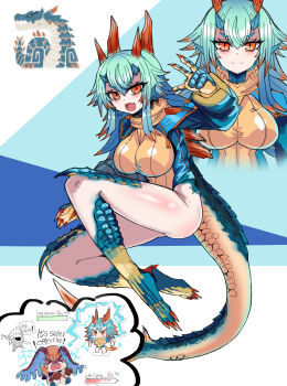 2girls absurdres aqua_hair breasts closed_mouth fang fins fish_tail hair_between_eyes highres horns humanization koshou_shou_mitsu lagiacrus long_hair long_tail monster_hunter_(series) multiple_girls multiple_views one-piece_swimsuit open_mouth orange_eyes orange_horns orange_one-piece_swimsuit scales skin_fang slit_pupils smile swimsuit tail
