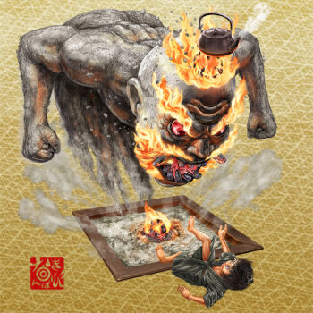 Rule 34 | 2boys, :o, aku bouzu, ashes, barefoot, black hair, black kimono, clenched hands, colored skin, commentary request, embers, eye contact, fire, grey skin, japanese clothes, kimono, looking at another, male focus, multiple boys, nanbakibi, original, red eyes, smoke, teapot, traditional youkai