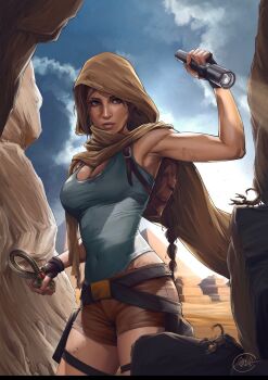 1girl ankh black_gloves blue_leotard blue_sky breasts brown_cloak brown_eyes brown_hair brown_hood brown_shorts cloak cloud covered_navel desert fingerless_gloves flashlight gloves highres holding holding_flashlight hood hooded_cloak illyne_cosplay lara_croft leotard long_hair medium_breasts ponytail pyramid_(structure) scorpion short_shorts shorts signature sky solo standing tomb_raider