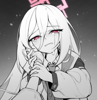 1boy 1girl blue_archive commentary crying crying_with_eyes_open greyscale guiding_hand halo hand_on_another's_cheek hand_on_another's_face highres jacket kei_(blue_archive) kei_(student)_(blue_archive) long_hair looking_at_viewer monochrome necktie nezumin open_clothes open_jacket pink_eyes pink_halo pov pov_hands sad school_uniform sensei_(blue_archive) solo_focus spot_color tears