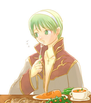 Rule 34 | 1boy, carrot, closed mouth, coat, commentary request, cross, cross necklace, cup, dated commentary, food, fork, gold trim, green eyes, green hair, grey coat, hairband, holding, holding fork, jewelry, looking at another, lowres, male focus, multicolored coat, necklace, oomojiya, plate, priest (ragnarok online), ragnarok online, red coat, short hair, simple background, solo, table, teacup, two-tone coat, upper body, white background, white hairband