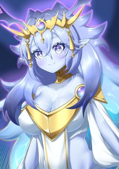 Rule 34 | 1girl, bare shoulders, blue background, blue eyes, blue hair, blue skin, body markings, breasts, cleavage, colored skin, dominus impulse, dress, duel monster, highres, karutosu 3571, large breasts, long hair, pointy ears, simple background, solo, strapless, strapless dress, tiara, upper body, white dress, yu-gi-oh!