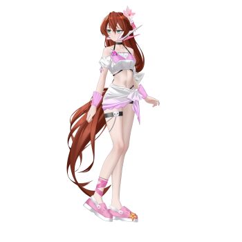 1girl absurdres alternate_costume ankle_strap bare_shoulders bikini bow breasts brown_hair choker commission commissioner_upload crop_top eyelashes flower full_body green_eyes hair_bow hair_flower hair_ornament highres iris_(mega_man) long_bangs long_hair mechanical_ears mega_man_(series) mega_man_x4 mega_man_x_(series) navel non-web_source petite ponytail rhan side-tie_skirt slippers small_breasts solo swimsuit thigh_strap thighs transparent_background wrist_cuffs