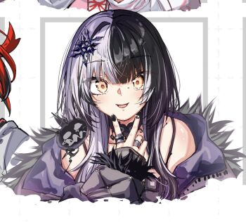 Rule 34 | 1girl, black choker, black hair, black jacket, black nails, choker, commentary request, fur-trimmed jacket, fur trim, highres, hololive, hololive english, jacket, looking at viewer, medium hair, multicolored hair, nail polish, shiori novella, shiori novella (1st costume), smile, solo, split-color hair, u da desu, v, virtual youtuber, white hair, yellow eyes, yorick (shiori novella)