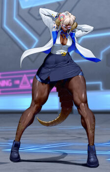 au_ra breasts business_suit character_transformation cleavage dark-skinned_female dark_skin final_fantasy final_fantasy_xiv formal_clothes full_body highres muscular muscular_female original qtime_702 short_hair solo suit tail thick_thighs thighs transformation