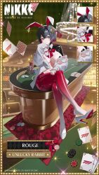 1girl animal_ears animated audible_speech black_hair bouncing_breasts breasts card casino crossed_legs english_audio fake_animal_ears game_cg goddess_of_victory:_nikke heart_pasties high_heels highres huge_breasts indoors jacket live2d looking_at_viewer multicolored_hair official_art on_table pasties playing_card rabbit_ears red_hair revealing_clothes reverse_bunnysuit reverse_outfit ribbon rouge_(nikke) rouge_(unlucky_rabbit)_(nikke) shoe_dangle sitting smile solo sound spade_pasties stiletto_heels table tagme video