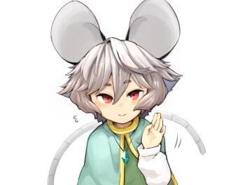 Rule 34 | 1girl, animal ears, capelet, commentary request, daitai konna kanji, female focus, grey hair, hand up, jewelry, long sleeves, looking at viewer, mouse ears, mouse tail, nazrin, pendant, red eyes, shirt, short hair, simple background, smile, solo, tail, touhou, upper body, waving, white background, white shirt