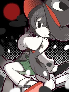 1other androgynous bare_legs bare_shoulders black_background black_coat black_eyes black_hair black_hat bow bowtie closed_mouth coat coattails collared_socks commentary danmaku detached_sleeves dot_nose english_commentary enraku_tsubakura expressionless eye_of_senri fighting_stance foot_out_of_frame frown gradient_background green_hakama hakama hakama_short_skirt hakama_skirt halftone halftone_background hat holding japanese_clothes kokum0tsu len&#039;en long_sleeves looking_at_viewer messy_hair one_eye_covered other_focus pale_skin red_bow red_bowtie red_hat red_sandals sandals short_hair skirt sleeveless sleeveless_coat sleeves_past_wrists socks solo tabi top_hat two-sided_fabric two-sided_headwear two-tone_background white_background white_sleeves white_socks wide_sleeves zouri