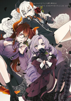 3girls aqua_necktie black-framed_eyewear black_choker black_dress black_flower black_gloves black_horns black_nails black_rose black_shoes black_skirt black_socks black_thighhighs blue_eyes breasts brown_eyes buttons choker cleavage collared_dress commentary_request covering_own_mouth curled_horns curtained_hair dola_(7th_costume)_(nijisanji) dola_(nijisanji) double-breasted dragon_horns dress drill_hair eyelashes floral_background flower glasses gloves gradient_eyes gradient_necktie hair_ornament hairpin half_gloves headphones headphones_around_neck highres holding holding_flower horns hyakumantenbara_salome hyakumantenbara_salome_(1st_costume) juliet_sleeves large_breasts leaning_back levi_elipha levi_elipha_(school_uniform) long_hair long_sleeves looking_at_viewer miniskirt mitsuk_v multicolored_eyes multicolored_horns multiple_girls multiple_hairpins nail_polish necktie nijisanji off-shoulder_dress off_shoulder orange_horns orange_necktie own_hands_together partially_unbuttoned print_thighhighs puffy_sleeves purple_dress purple_eyes purple_hair purple_shirt red_eyes red_hair rose shirt shirt_tucked_in shoes short_dress skirt sleeve_cuffs socks sparkle_print sparkling_eyes suspender_skirt suspenders thighhighs translation_request two-tone_horns very_long_hair virtual_youtuber white_flower white_hair white_rose