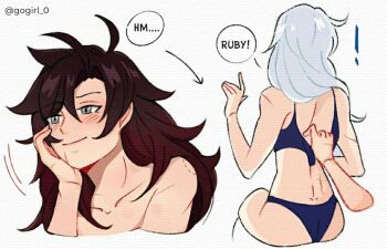 ! 2girls alternate_hair_length alternate_hairstyle bite_mark bite_mark_on_shoulder blue_bra blue_panties blush bra brown_hair commentary english_commentary english_text gogirl_0 grey_eyes long_hair multiple_girls panties ruby_rose rwby scar scar_on_arm scar_on_back simple_background smile speech_bubble twitter_username underwear underwear_only weiss_schnee white_background white_hair yuri