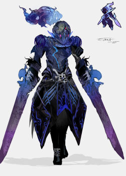 1boy absurdres armor black_boots black_pants boots ceruledge dual_wielding faulds full_body helm helmet highres holding knight male_focus nintendo pants personification pokemon pokemon_(creature) reference_inset signature solo sukepmonster sword weapon white_background