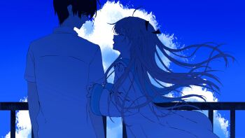 1boy 1girl absurdres ahoge atri atri-my_dear_moments- black_bow black_hair blue_sky blue_theme bow brown_hair closed_eyes cloud collared_shirt cumulonimbus_cloud dark dress facing_another from_side hair_over_eyes highres holding_another&#039;s_arm ikaruga_natsuki jpeg_artifacts long_hair long_sleeves monochrome open_mouth outdoors railing sailor_collar shirt short_sleeves sky smile standing two_side_up very_long_hair white_dress white_shirt wide_sleeves wind wind_lift ze_ping45283