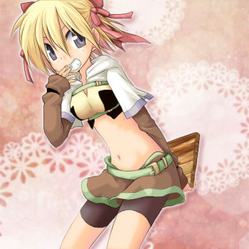 1girl ark_kan belt black_shorts blonde_hair bow breasts brown_skirt colorized commentary_request cowboy_shot cropped_jacket green_belt grin hair_between_eyes hair_bow holding hunter_(ragnarok_online) jacket layered_sleeves long_sleeves looking_at_viewer medium_breasts midriff miniskirt navel pink_background pink_bow ragnarok_online shirt shiyunako short_hair short_over_long_sleeves short_shorts short_sleeves shorts shorts_under_skirt skirt smile solo white_jacket yellow_shirt