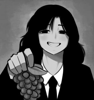 1girl absurdres black_eyes black_hair black_jacket black_necktie food formal_clothes fruit furuta_junko grapes greyscale grin highres holding holding_food holding_fruit jacket long_hair long_sleeves looking_at_viewer monochrome narrowed_eyes necktie parted_lips real_life samirachuni simple_background smile solo suit teeth