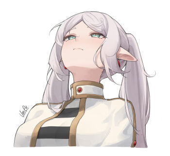 1girl artist_name black_shirt capelet closed_mouth commentary cropped_torso earrings elf elvera frieren green_eyes highres jewelry light_blush long_hair long_pointy_ears looking_ahead meme multicolored_shirt pointy_ears shirt simple_background solo sousou_no_frieren striped_clothes striped_shirt twintails two-tone_shirt upward_angle_frieren_drawing_(meme) white_background white_capelet white_hair white_shirt